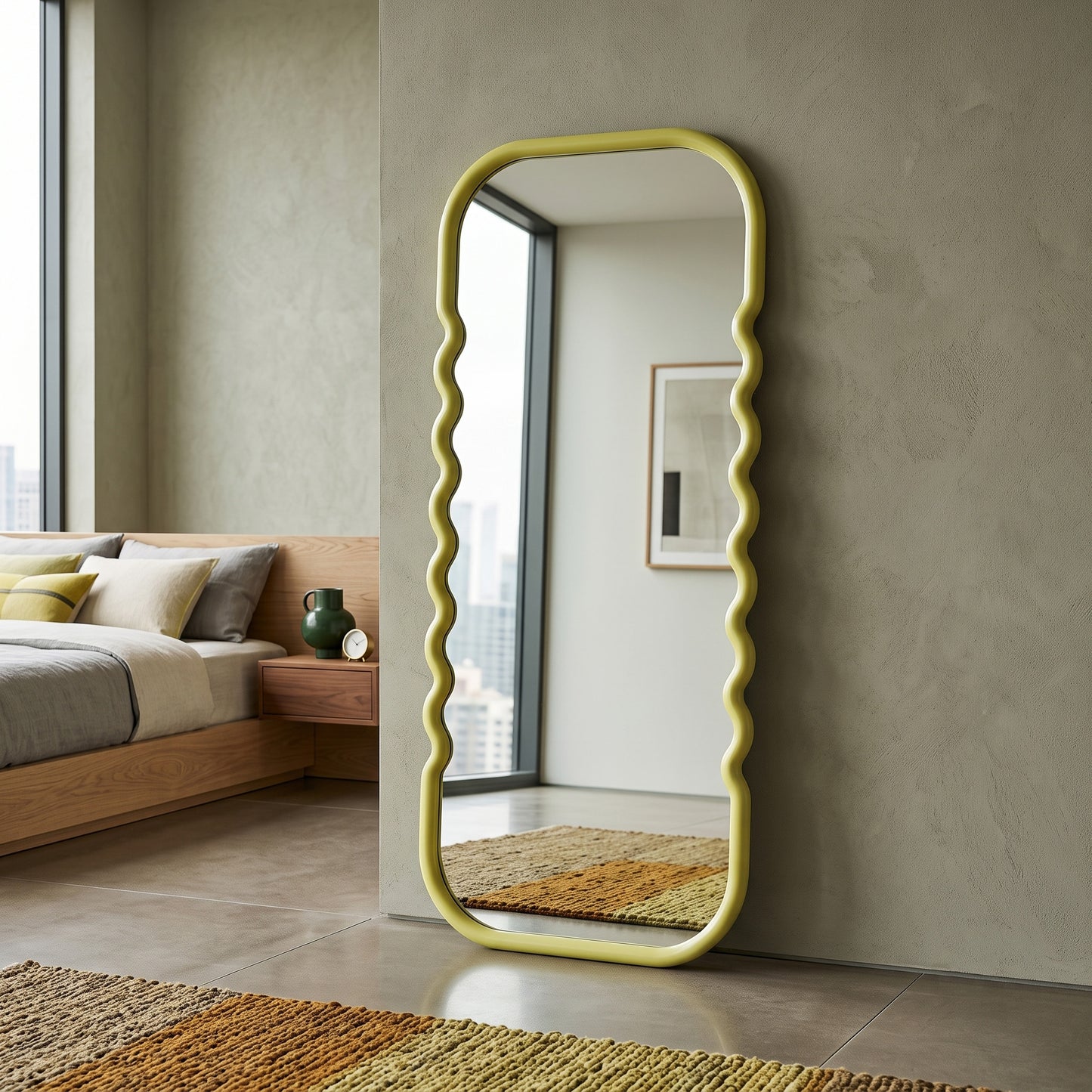 Wooden Wavy Mirror 'Asri' - Yellow - 160 x 60 cm