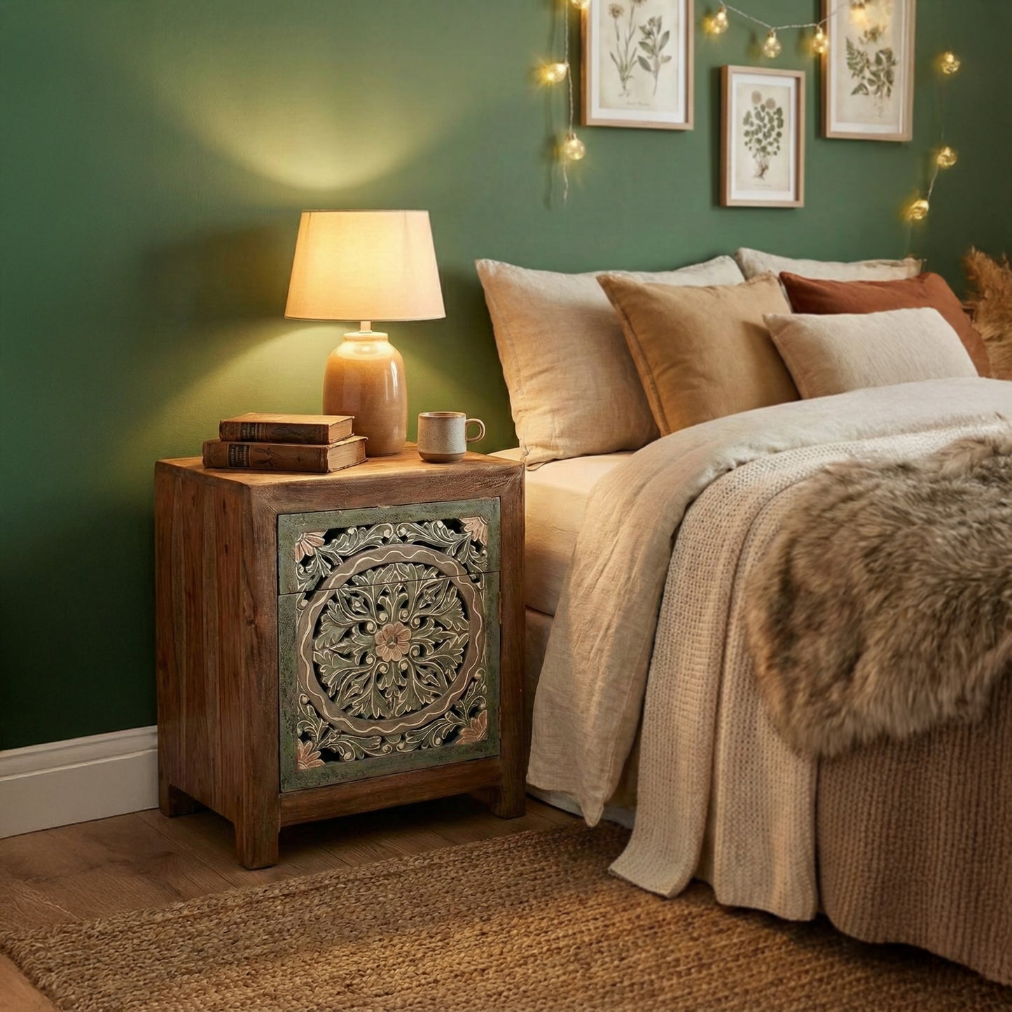 Wooden Carved Bedside Table 'Sekar' - Natural and Multicolor Green