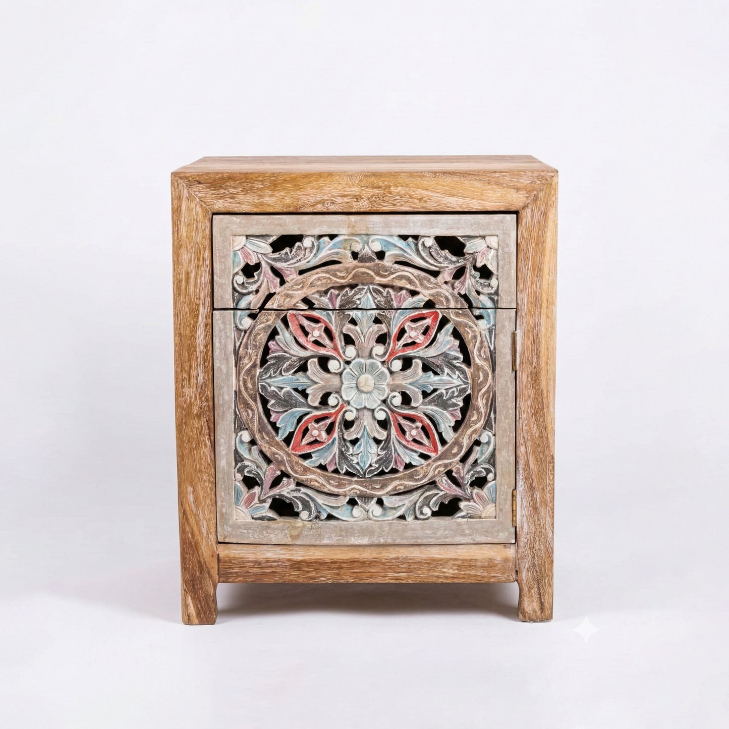 Wooden Carved Bedside Table 'Sekar' - Natural and Multicolor Blue - 60 cm