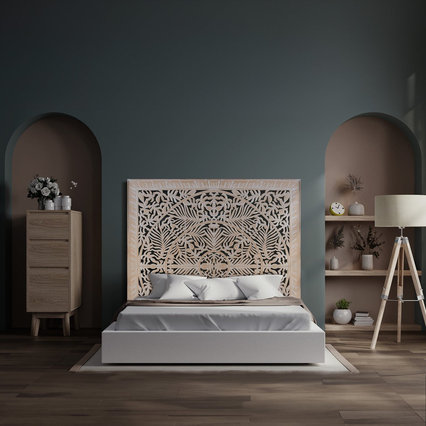 Hand Carved Full Bed Headboard 'Christine' - Antic wash
