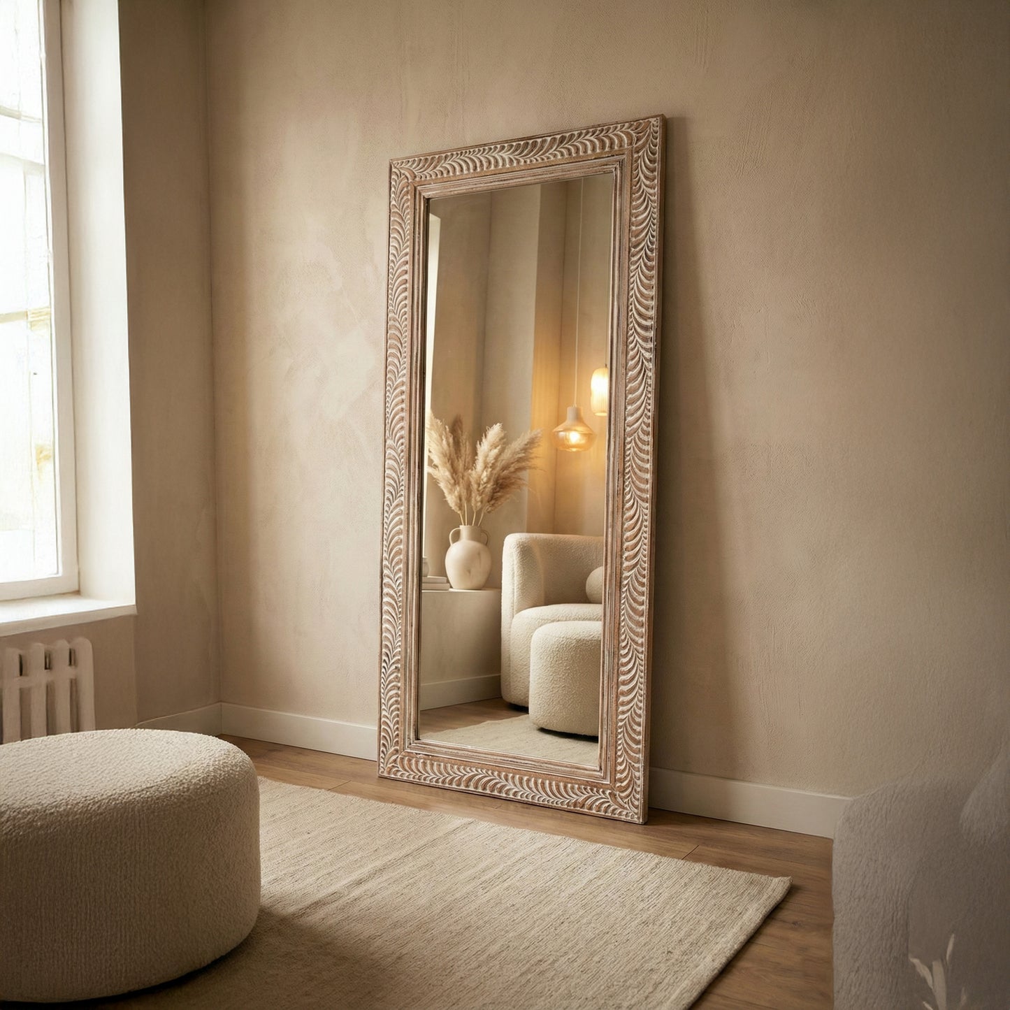 Hand Carved Mirror "Dumogi" - Natural Wash - 150 x 70 cm