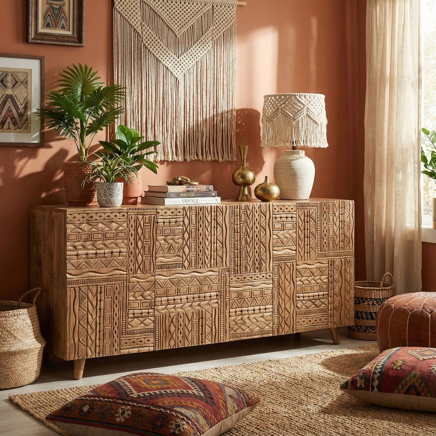 Wooden Carved Sideboard Console Cabinet "Nusantara" - Natural - 180 cm
