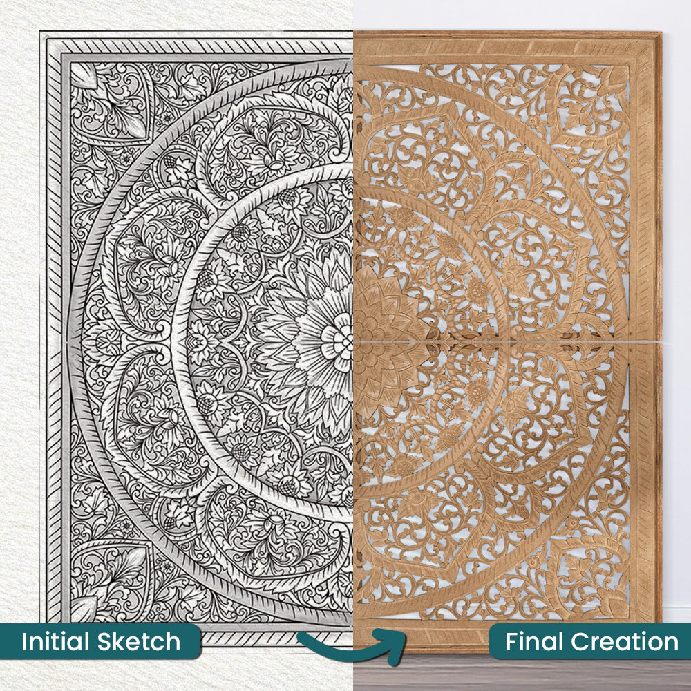 Carved Full Bed Headboard "Manusa" - Natural Brown