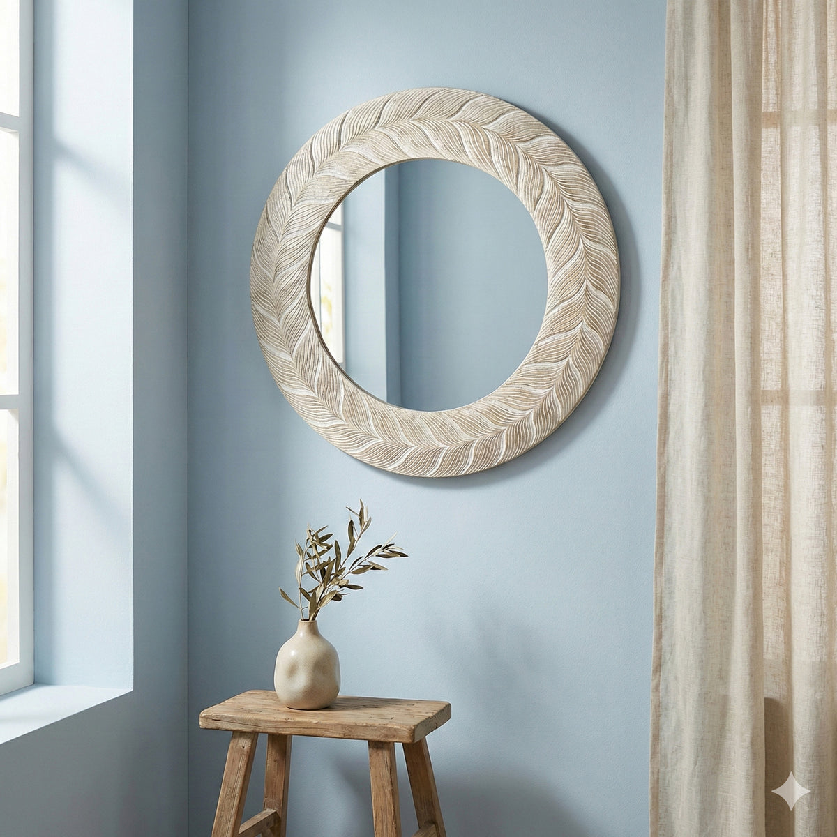 Hand Carved Mirror "Lovina" in Antique Wash - 80 cm