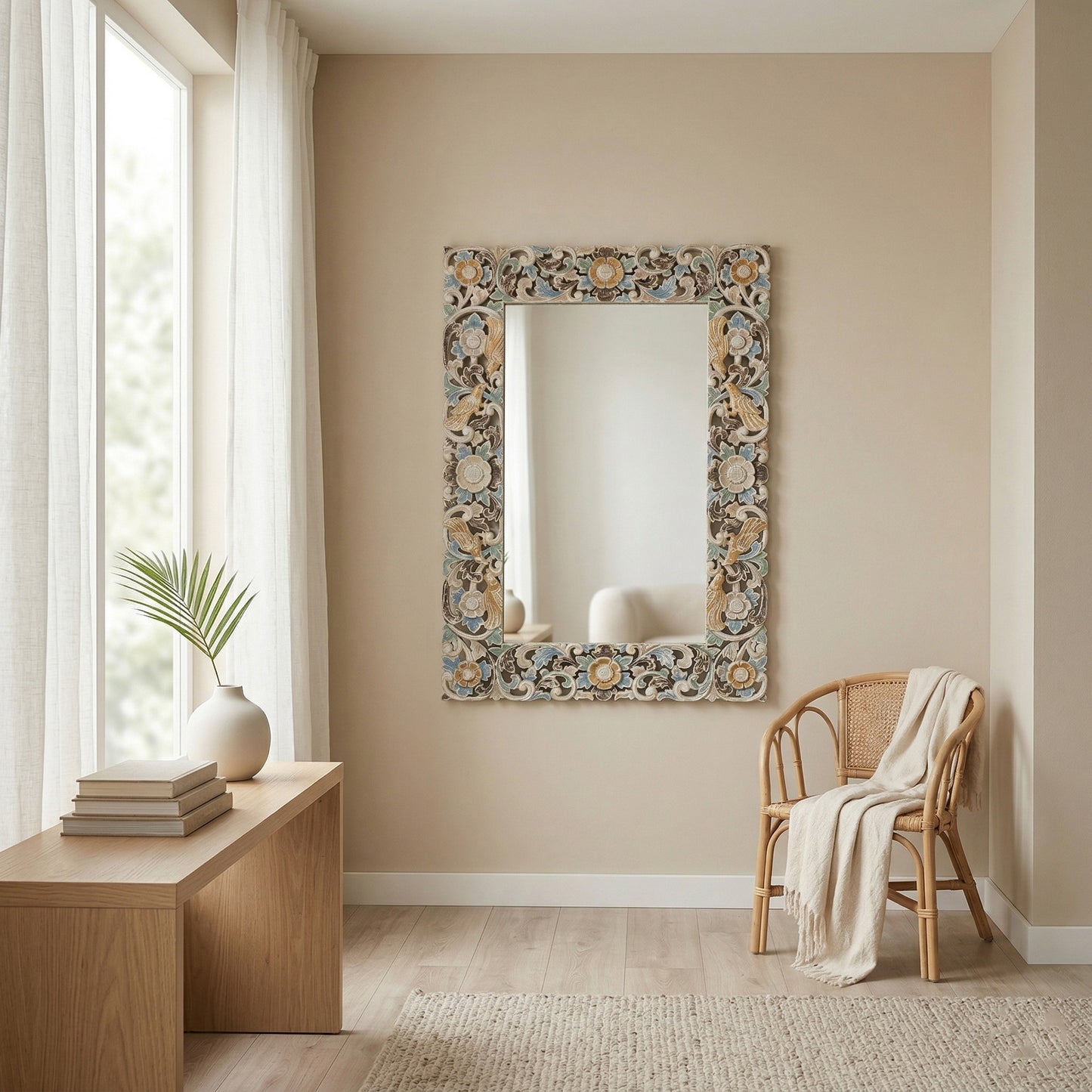 Hand Carved Mirror "Pushpa" - Blue Multicolor - 120 x 80 cm