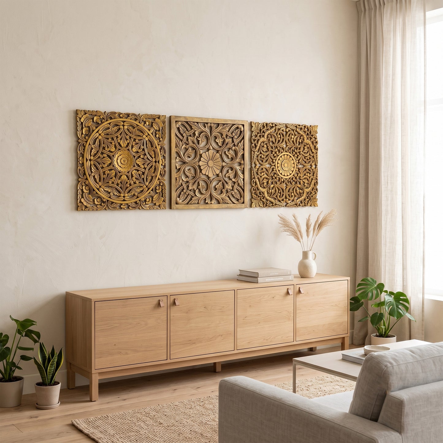 Set of 3 Decorative Panels "Pererenan" - Gold - 50 cm