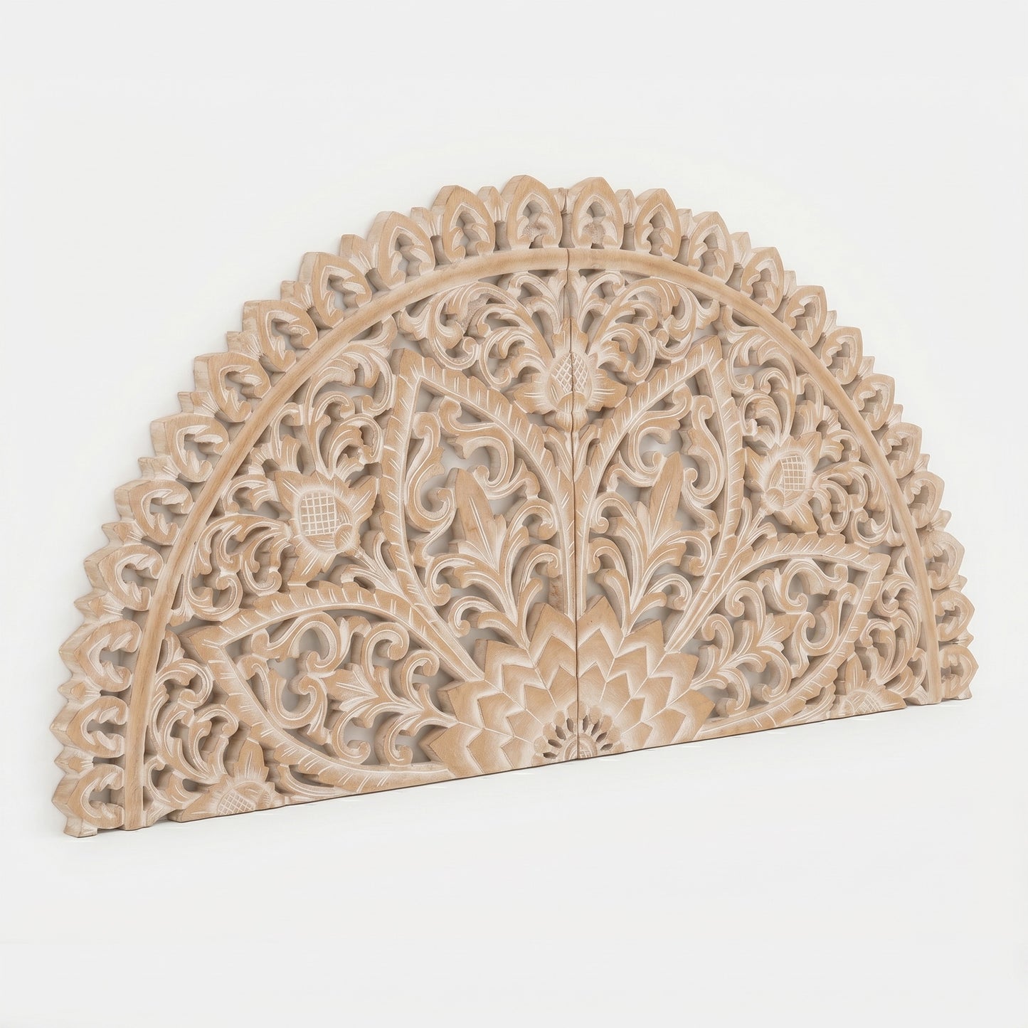 Hand Carved Half-moon Mandala Bed headboard 'Serupa' in Antic Wash