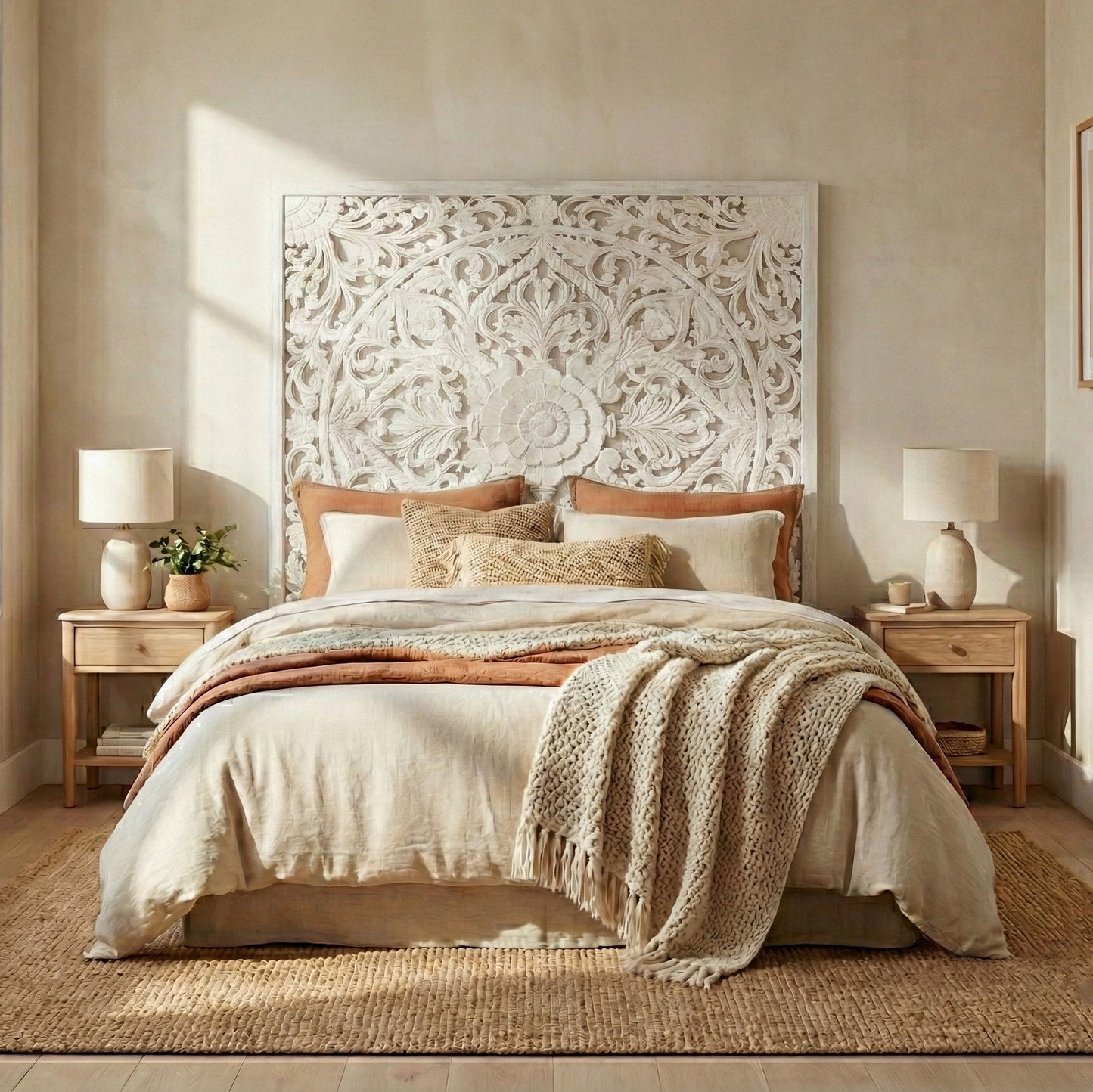 Carved Bed Headboard "Teratai" - White