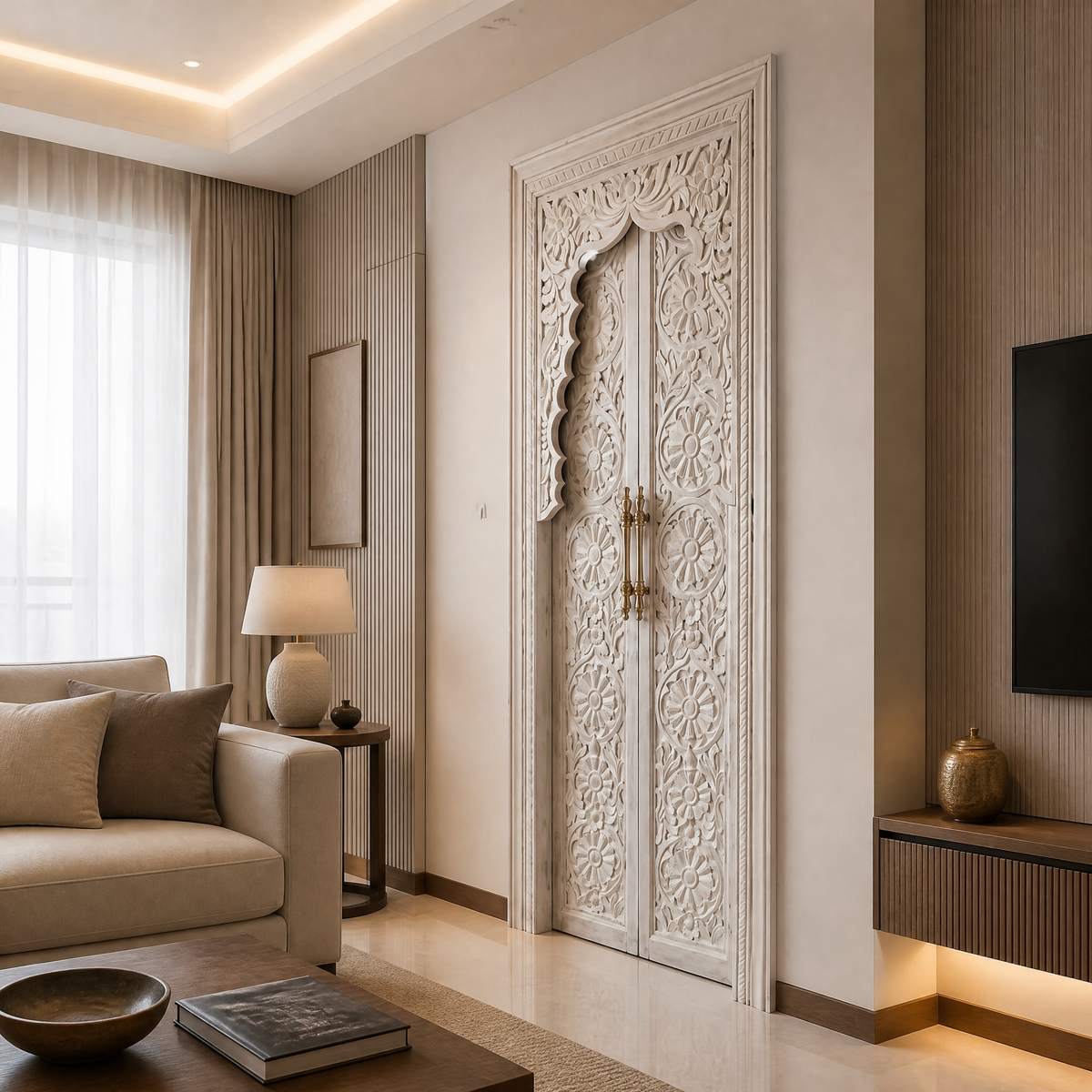 Teak Wooden Hand Carved Door 'Sindhu' in White Wash - 213 x 90 cm