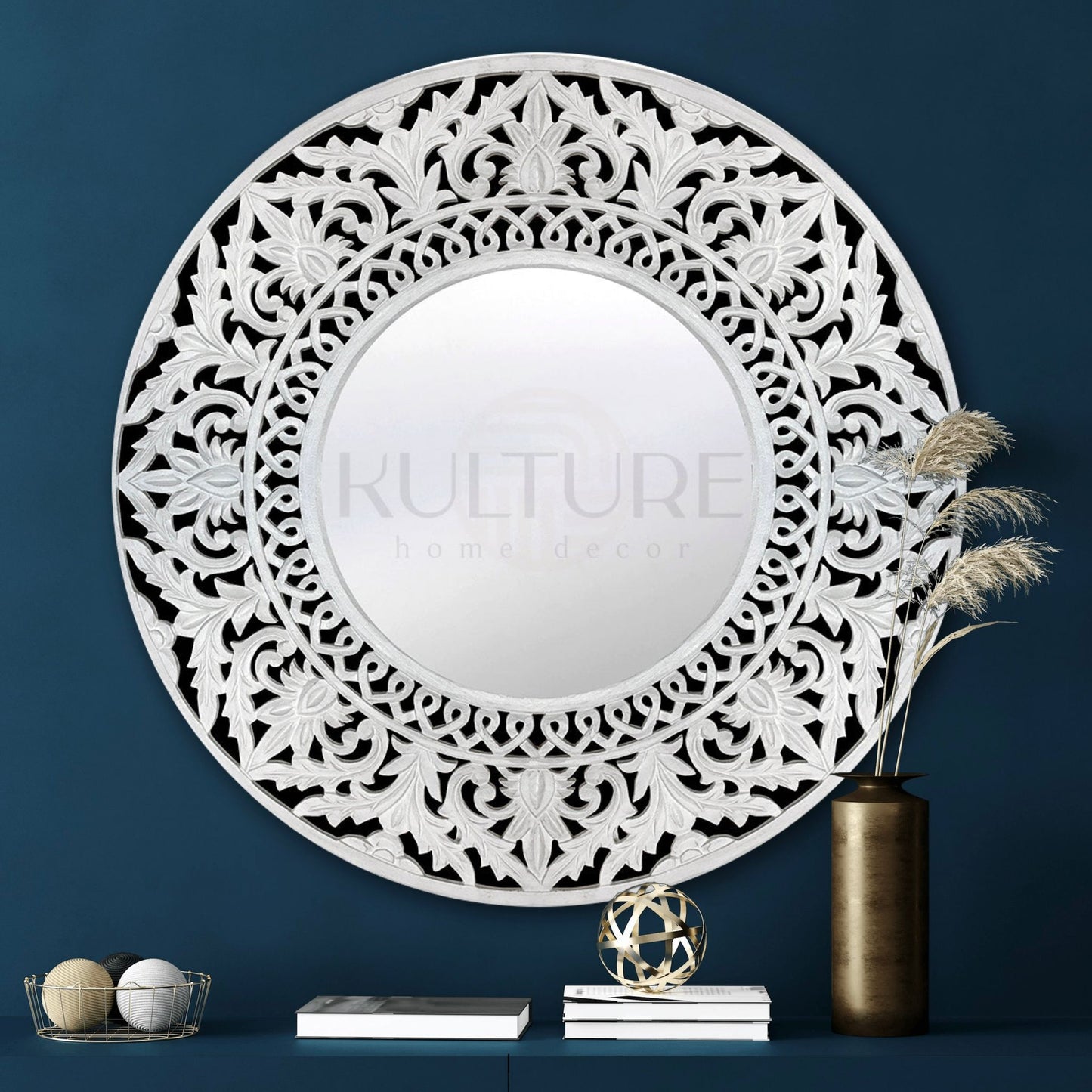 Hand Carved Mirror "Rahajeng" in White - 80 cm