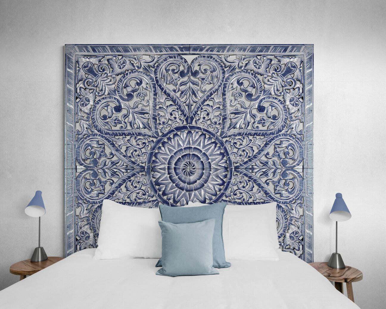 Carved Full Bed Headboard "Jantung" - Navy Blue Wash