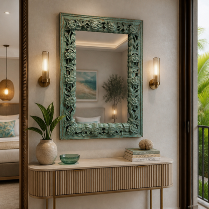 Hand-carved Wooden Mirror "Camélia" - Distressed Turquoise - 120 x 90 cm