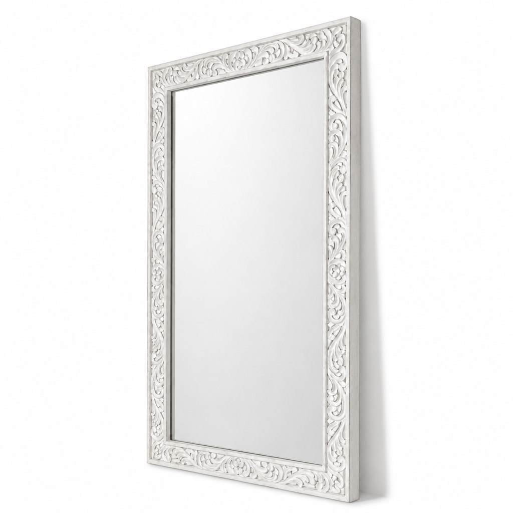 Hand Carved Wooden Mirror "Asmara" in White - 150 x 90 cm