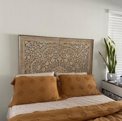 Carved Half Bed Headboard - Sumber Antic Wash - [US-stock]