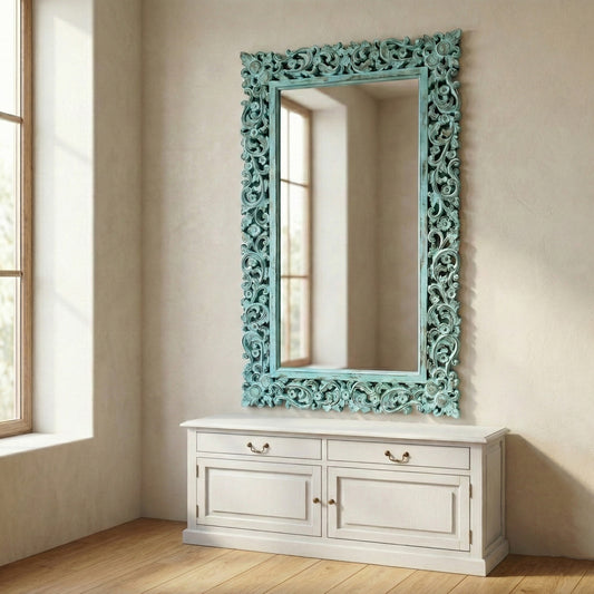 Hand Carved Mirror "Agung" - Turquoise Wash - 150 cm