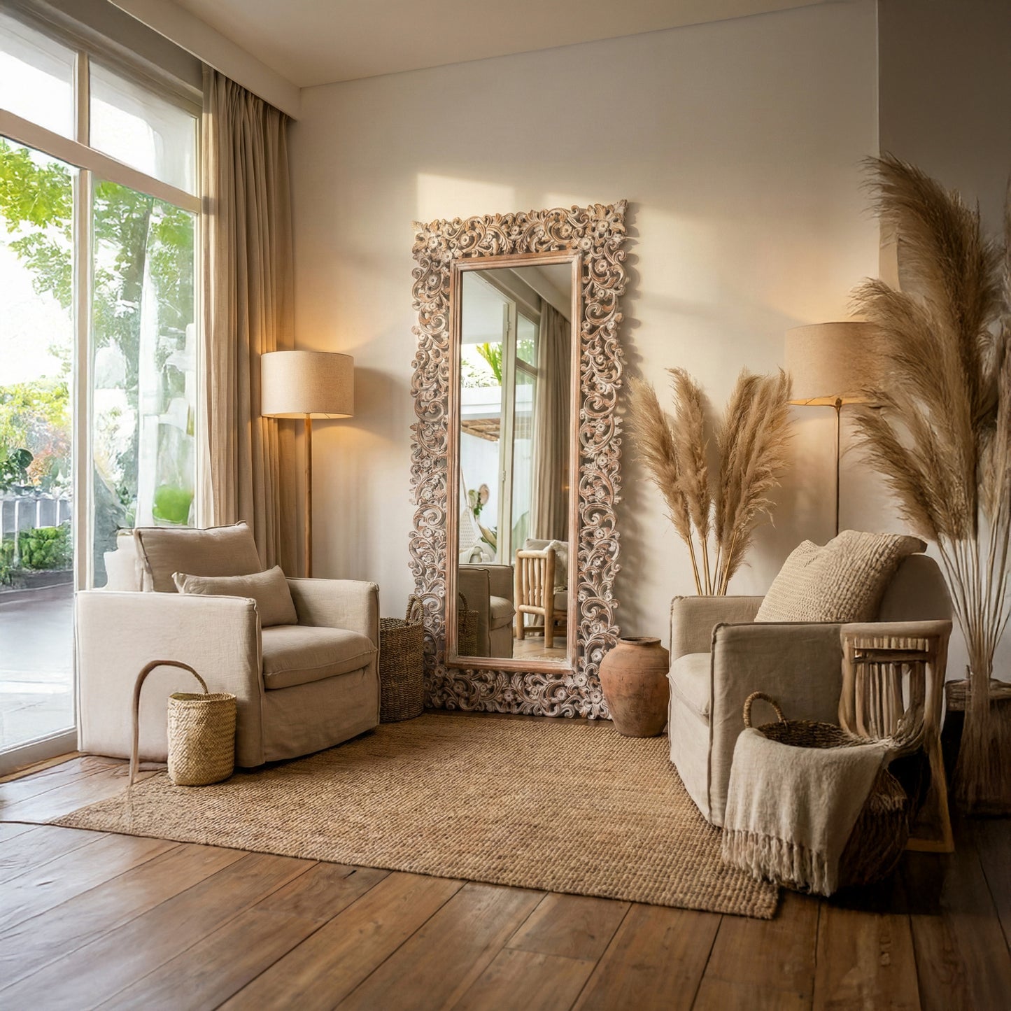 Hand Carved Mirror "Agung" - Antic wash - 180cm