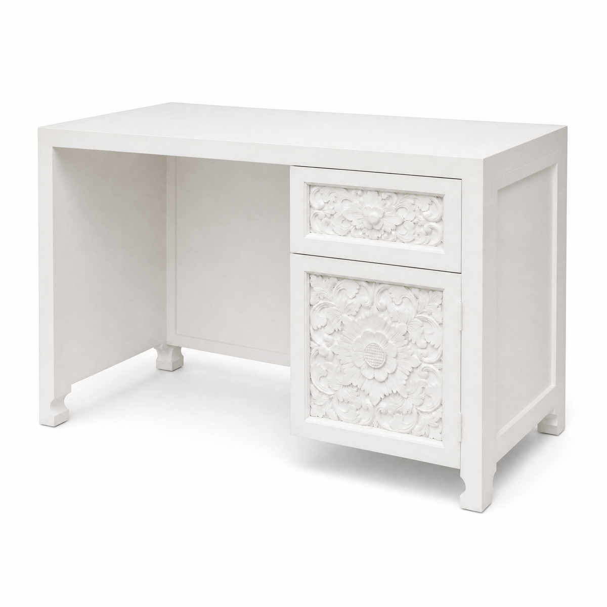 Carved Teak Working & Studying Table 'Alba' - White - 120 x 80 cm