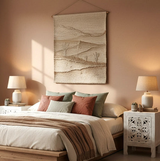 Cozy bedroom with wooden bed, patterned wall hanging, and decorative lamps.