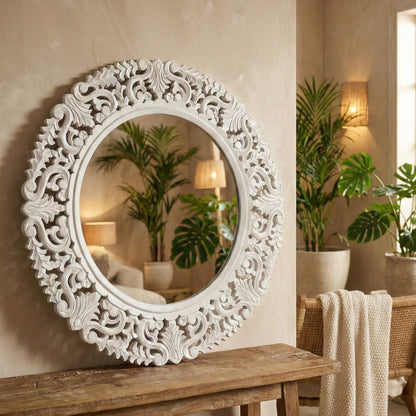 Hand Carved Mirror "Amed" White Wash - 70 cm