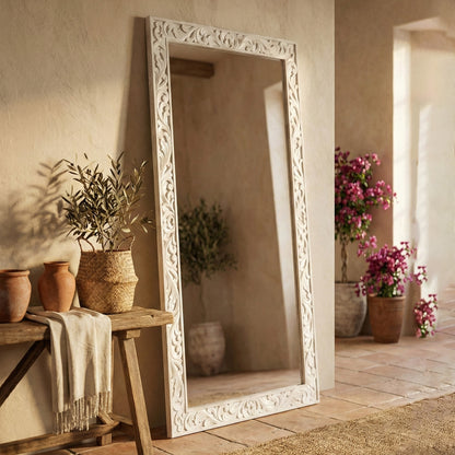 Hand Carved Wooden Mirror "Asmara" in White - 150 cm