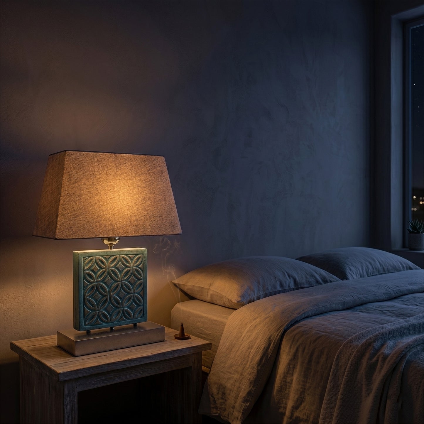 Carved Table Lamp 'Batik' - Blue Wash