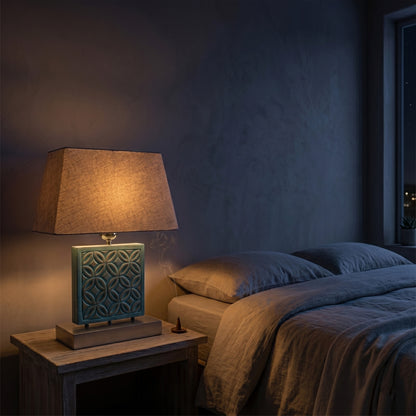 Carved Table Lamp 'Batik' - Blue Wash