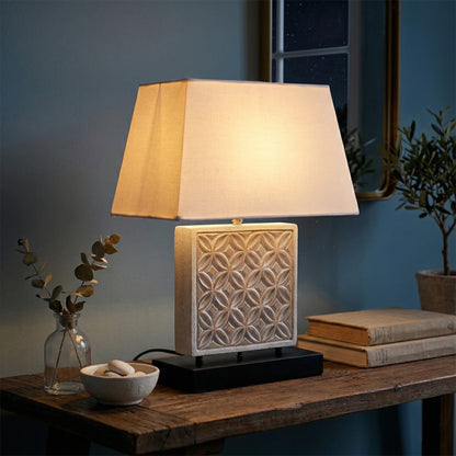 Carved Table Lamp 'Batik' - White