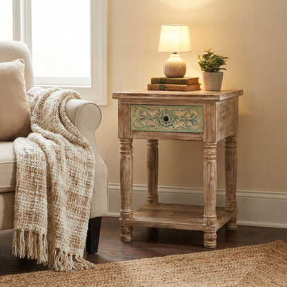 Wooden Carved Side Table 'Puspa' - Natural and Multicolor Green - 60 cm