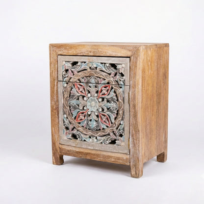 Wooden Carved Bedside Table 'Sekar' - Natural and Multicolor Blue - 60 cm