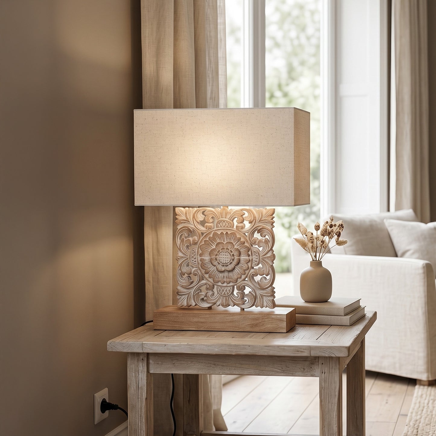 Carved Table Lamp "Benoa" - Natural Wash
