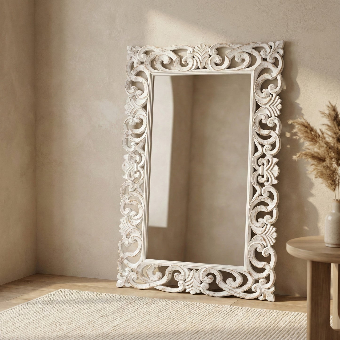 Hand Carved Mirror "Bimasakti" White Wash - 150 cm