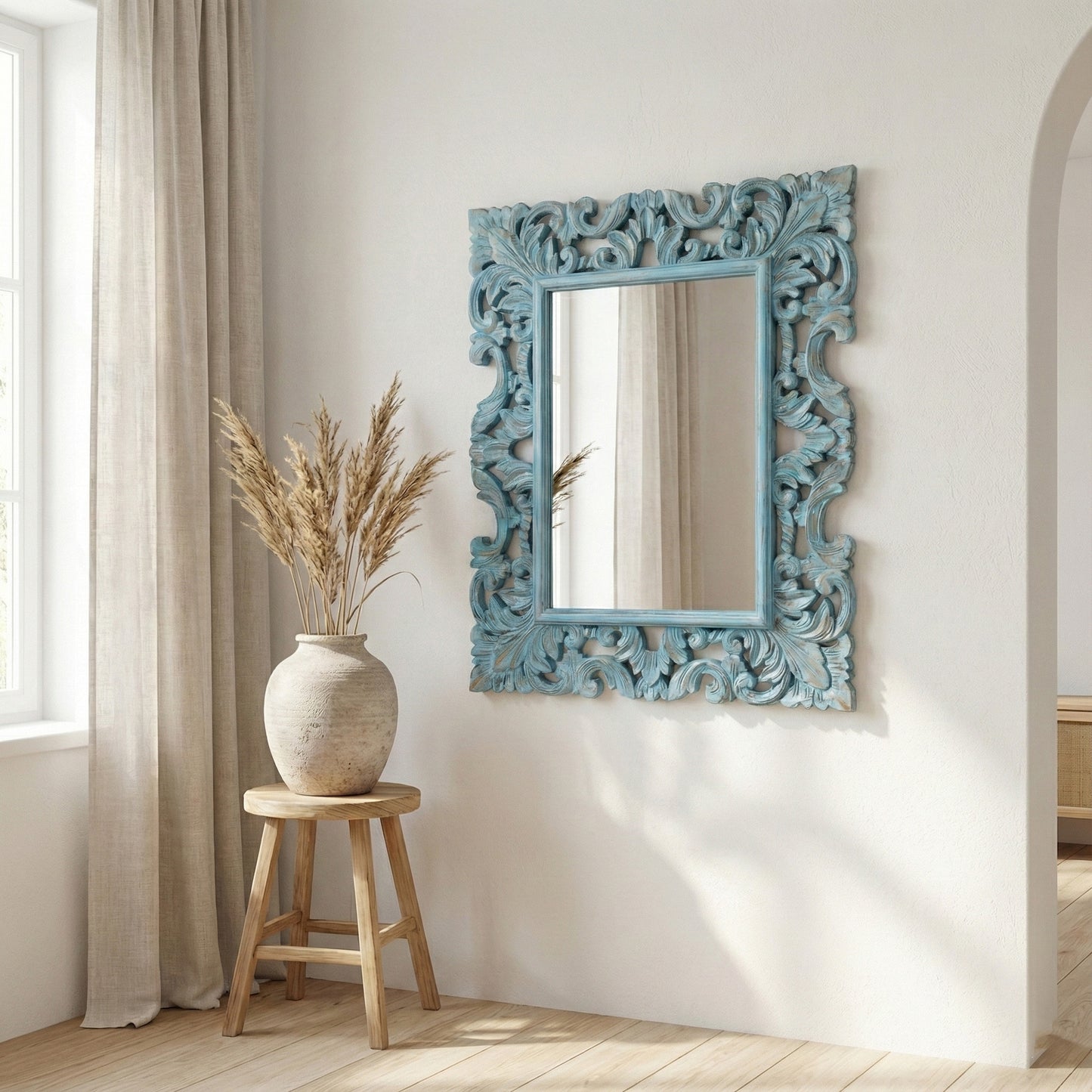 Hand Carved Mirror "Biru" Blue Wash - 90 cm