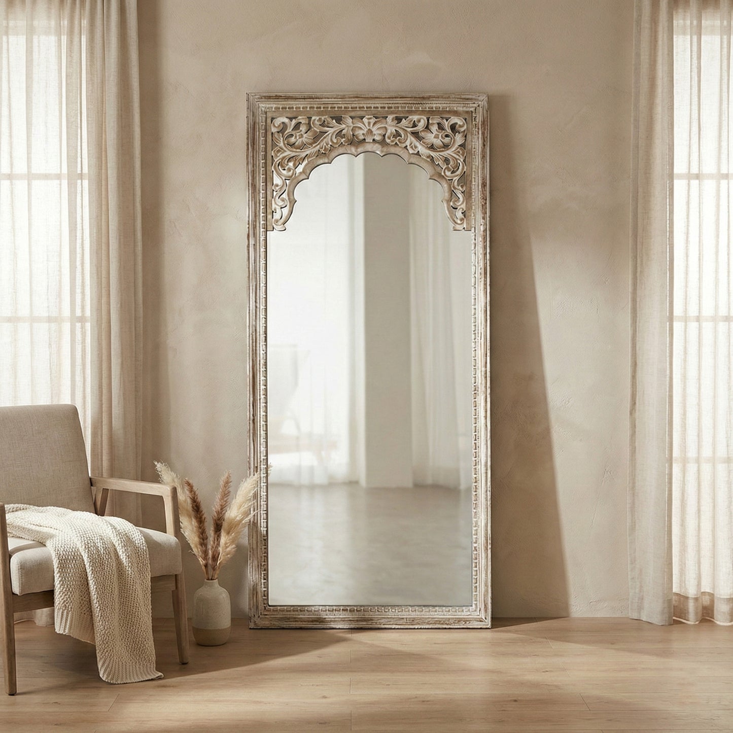 Hand Carved Mirror "Cahaya" in antic wash - 150 cm