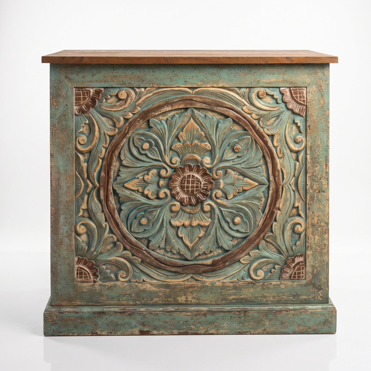 Hand-Carved Wooden Reception Table “Calyta” – Green Wash Finish – 80 cm