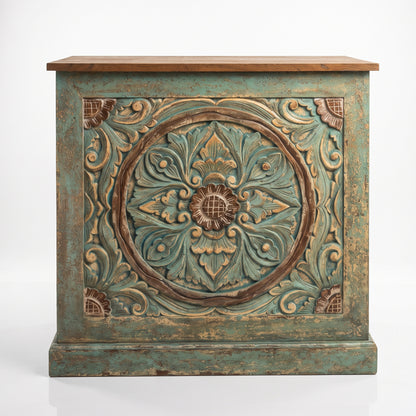 Hand-Carved Wooden Reception Table “Calyta” – Green Wash Finish – 80 cm