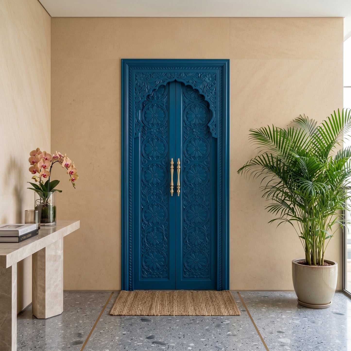 Wooden Hand carved Door 'Tirta' - Teak Wood in Indigo Blue - 213 x 90 cm