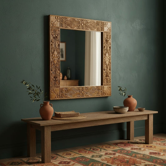Hand Carved Mirror "Dili" - Natural Brown - 80 cm