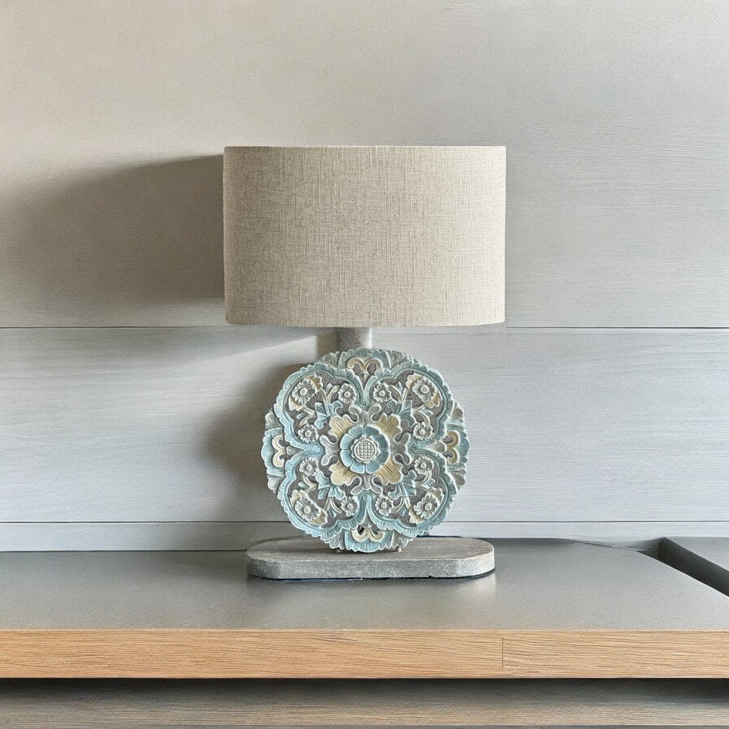 Carved Table Lamp 'Diya' - Pastel Blue