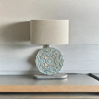Carved Table Lamp 'Diya' - Pastel Blue