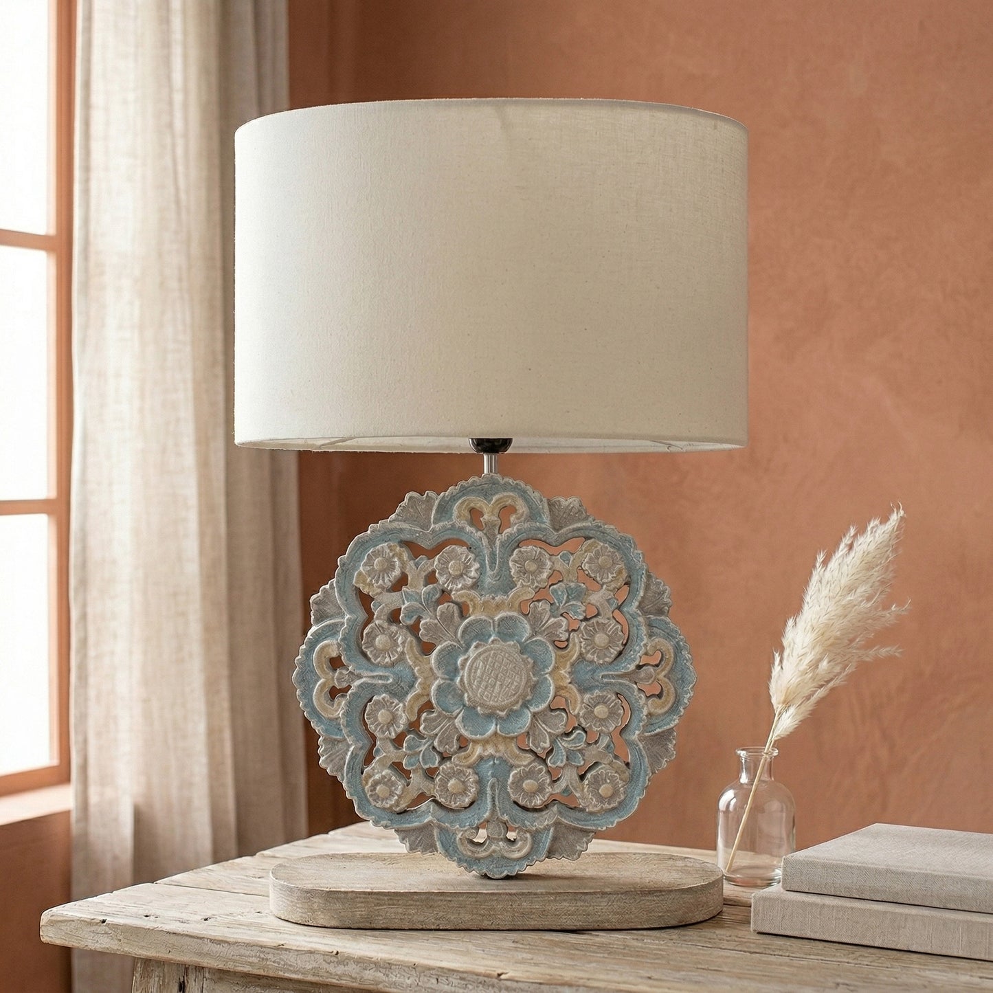 Carved Table Lamp 'Diya' - Pastel Blue