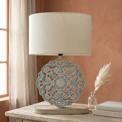 Carved Table Lamp 'Diya' - Pastel Blue