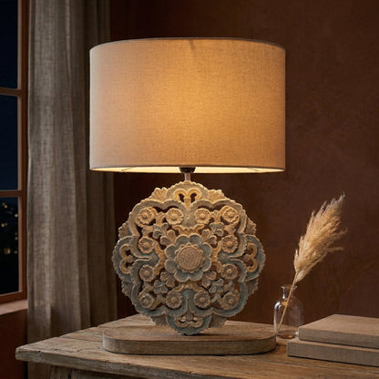 Carved Table Lamp 'Diya' - Pastel Blue