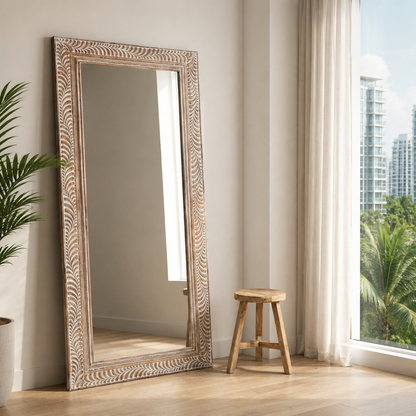 Hand Carved Mirror "Dumogi" - Natural Wash - 150 x 70 cm