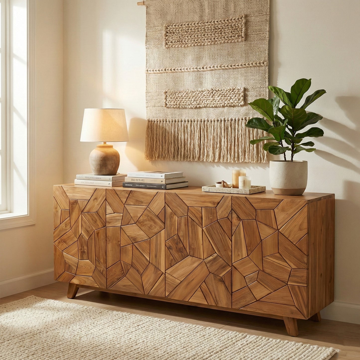 Wooden Carved Sideboard Console Cabinet "Pusaka" - Natural - 180 cm