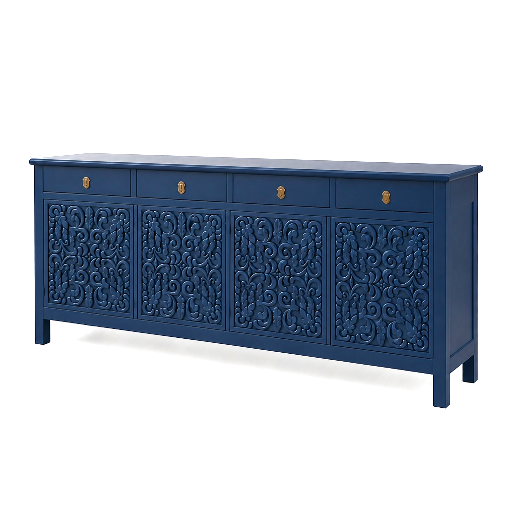 Wooden Carved Sideboard Console Cabinet "Huta" - Midnight Blue - 180 cm