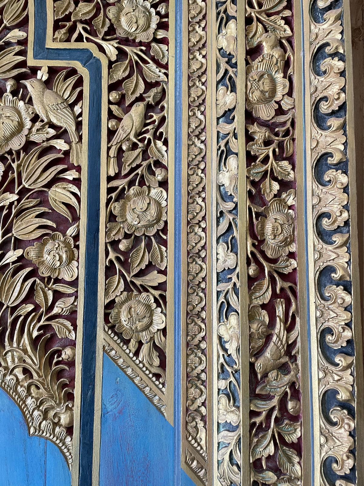 Teak Wooden Hand Carved Door 'Mengwi' in Blue & Gold - 220 x 110 cm