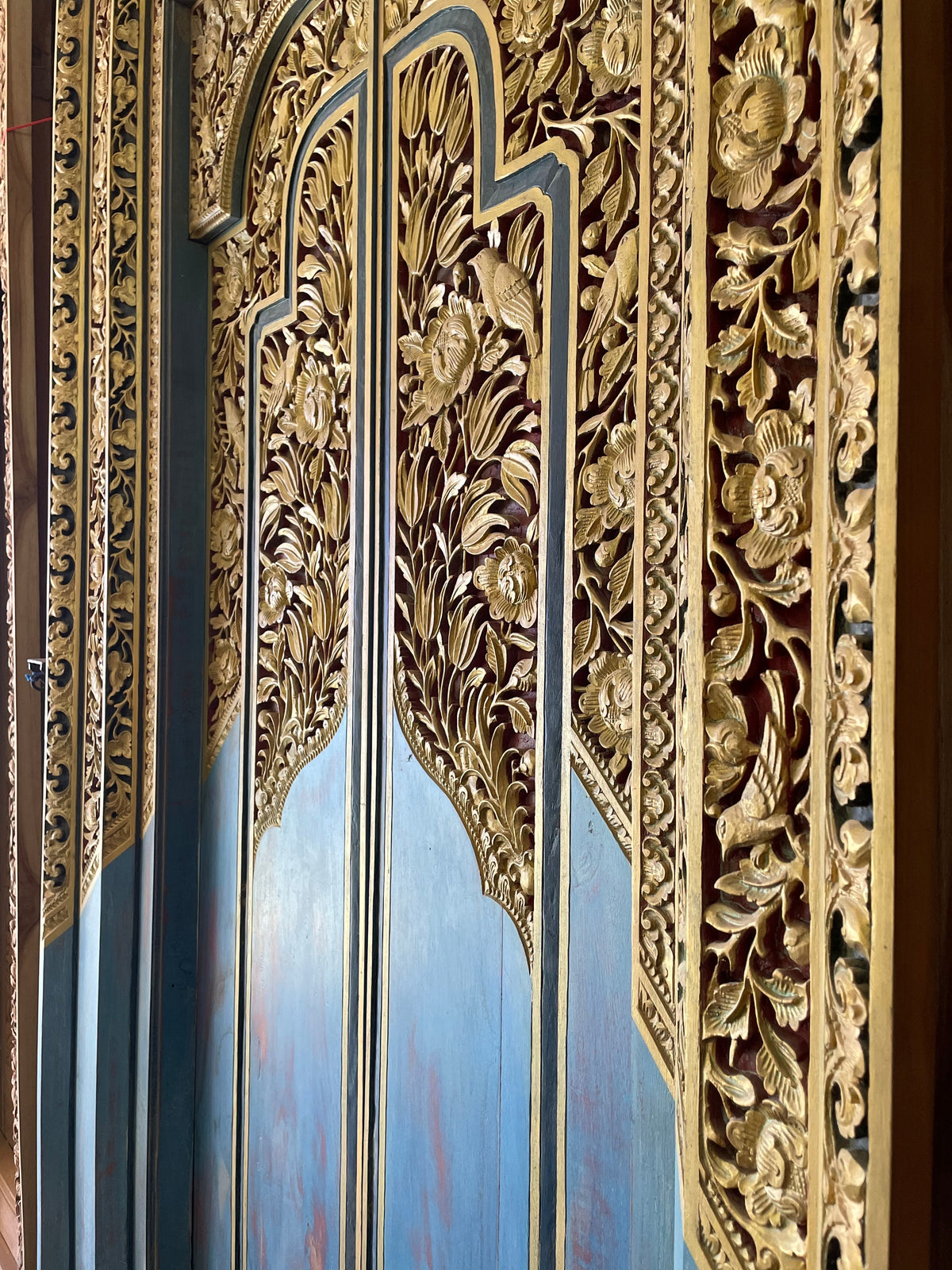 Teak Wooden Hand Carved Door 'Mengwi' in Blue & Gold - 220 x 110 cm