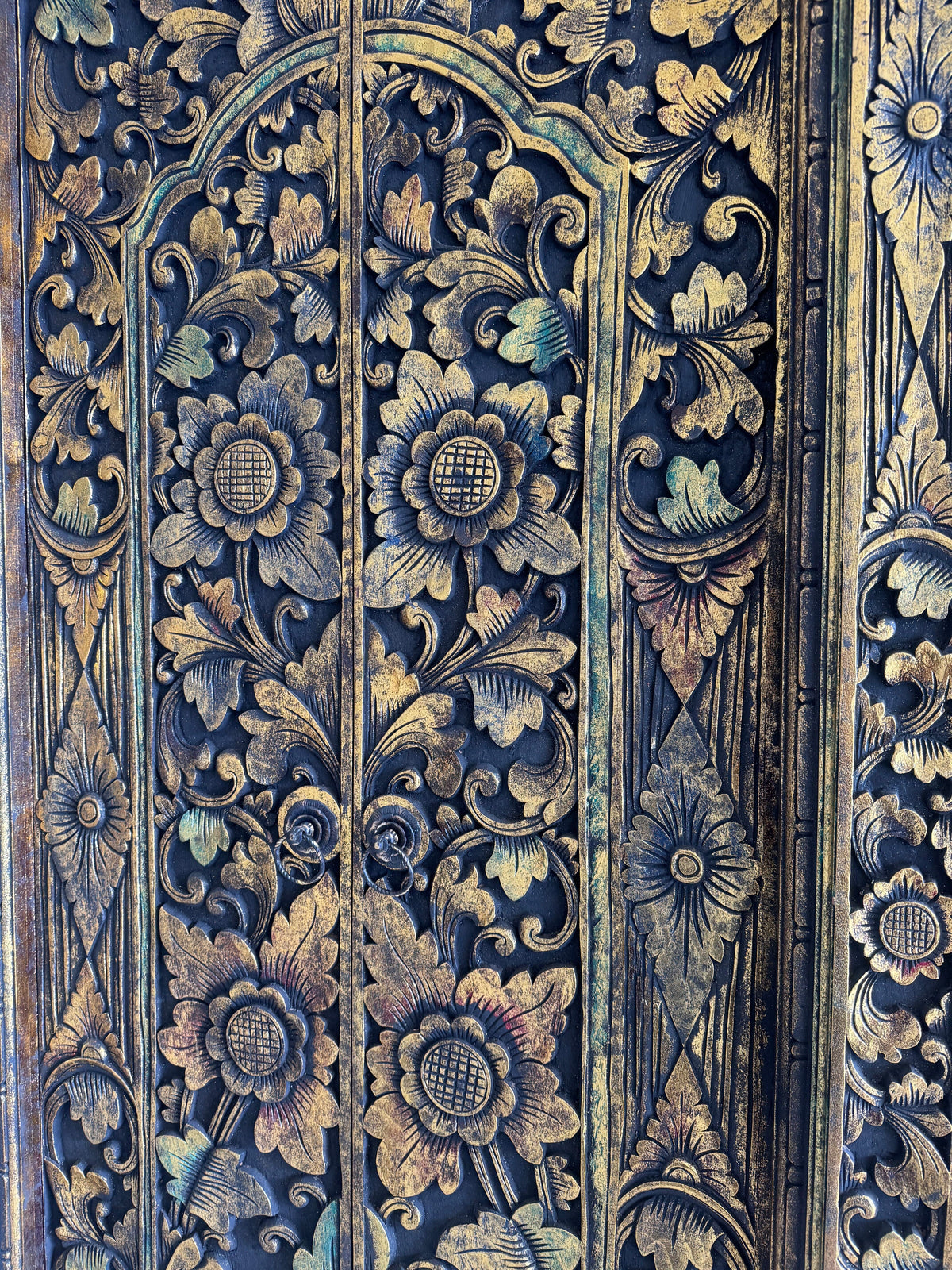 Teak Wooden Hand Carved Balinese Door 'Gianyar' in Black Gold Antique Wash - 210 x 100 cm