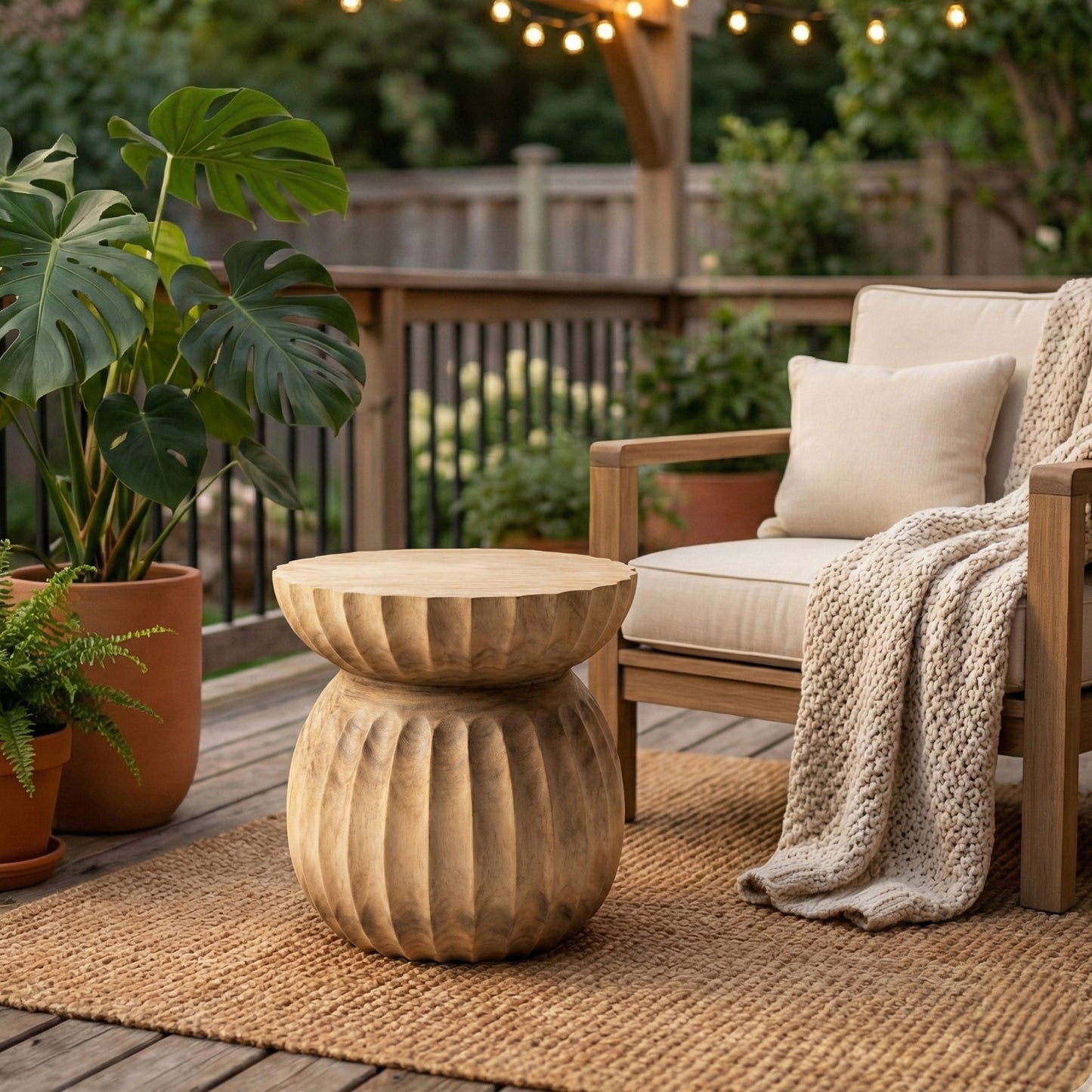 Sculptural Wooden Side Table / Stool 'Suari' in Natural - 50 x 50 cm