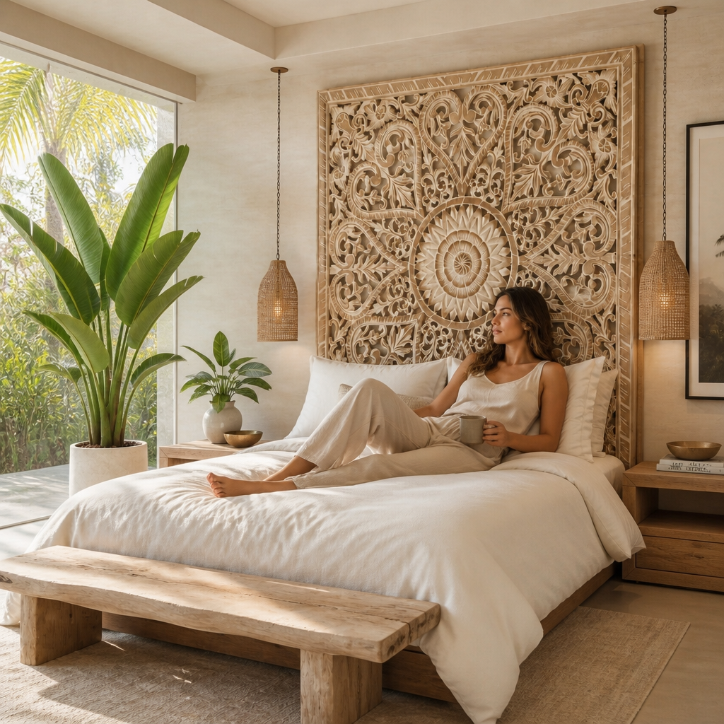 Carved Bed Headboard "Jantung" in Antic Wash